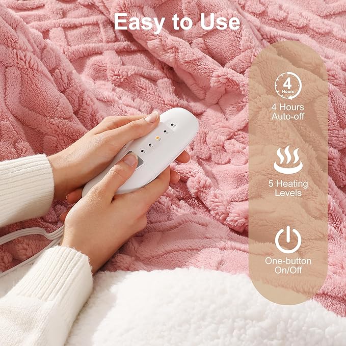 Heated Throw Blanket 50"x60" with 5 Heating Levels & 4 Hours Auto Off, Soft & Plush Sherpa Electric Blanket Throw with ETL & FCC Certification for Home Use, Machine Washable, Great Gift, Pink