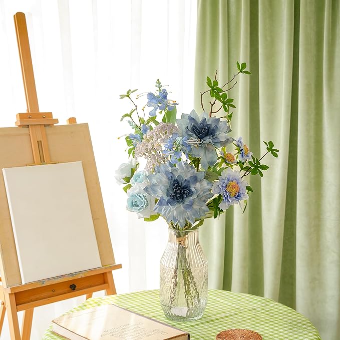 Artificial Flowers in Vase Centerpiece – Blue Dahlia & Rose Arrangement, Coastal Style Faux Floral Table Decorations for Coffee Table, Dining Room, Living Room, Bathroom & Beach House Home Decor
