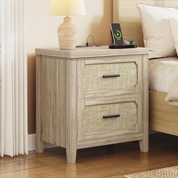 Rattan Nightstand with Charging Station, 22'' Wide Bedside Table with 2 Storage Drawers & Metal Handle, Boho Night Stand End Side Table for Bedroom, Grey Oak