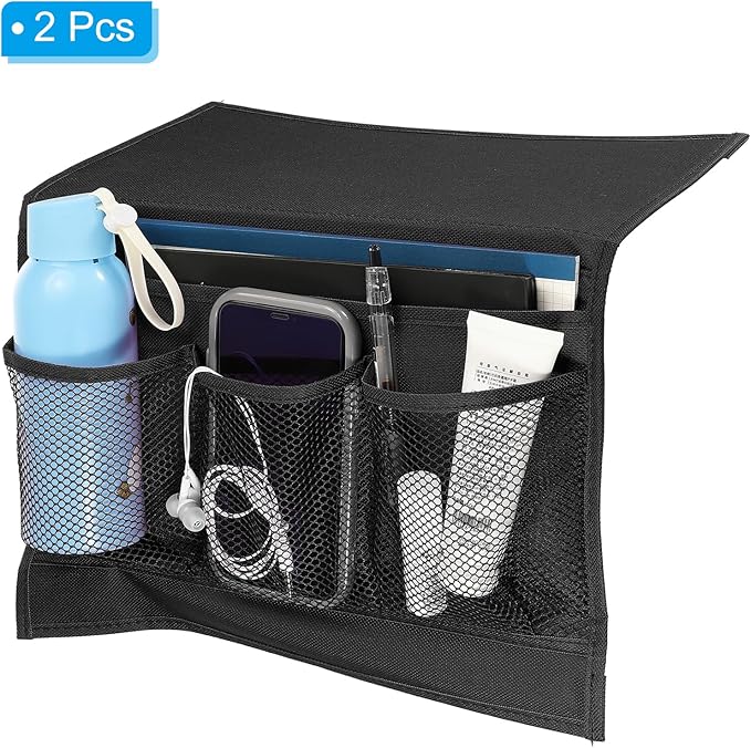 PATIKIL 2pcs Bedside Caddy, Bed Caddy Bedside Organizer Bed Hanging Caddy 4 Pockets Bed Pockets Bedside Storage Hanging Storage Bag for Remote Control Bedroom Phones Glasses, Black