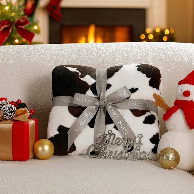 Cozy Bliss Cow Print Throw Blanket for Bed - Super Fuzzy Thick Soft Warm Fleece Blankets for Couch & Room Décor, for Women Men Girls Kids, Dark Brown King Size 108"*90"