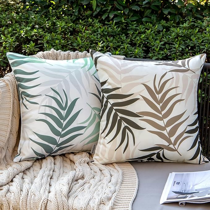 MIULEE Pack of 2 Decorative Outdoor Waterproof Throw Pillow Covers Patio Pillow Cases Natural Leaves Pattern Spring Square Cushion Shams Shell for Garden Balcony Couch 16x16 Inch, Coffee Brown