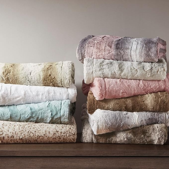 Madison Park Zuri Soft Plush Luxury Oversized Faux Fur Throw Animal Stripes Design, Faux Mink On The Reverse, Modern All Seasons Blanket for Bed, Sofa Couch, Office, White, 60x70
