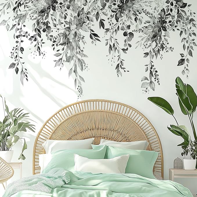 Black Plants Leaves Wall Decals Peel and Stick, Large Floral Flowers Vinyl Wall Stickers, Removable Vine Home Decor Art for Bedroom Living Room Classroom Office