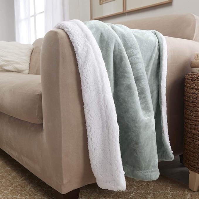 Genteele Sherpa Throw Blanket Super Soft Reversible Ultra Luxurious Plush Blanket, 50 x 60 inches, Sage/White