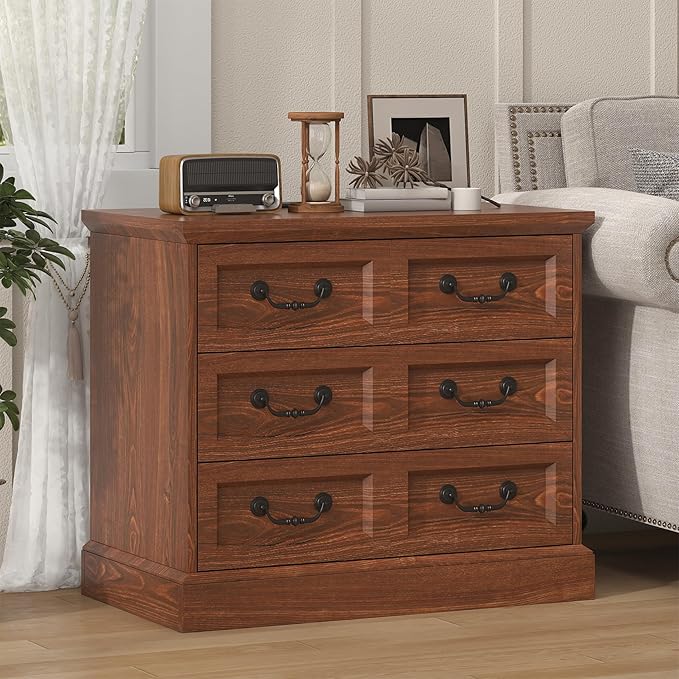 Farmhouse Night Stand with Charging Station, 27.6" Wider Cherry Wood Nightstand with 3 Drawers Dividers Storage, Larger Bedside Table, Side Table End Table for Bedroom, Living Room, Sofa