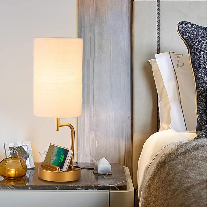 Dreamholder Touch Control USB Table Lamp, Upgraded 3-Way Dimmable Bedside Desk Lamp with USB C & A Charging Ports and AC Outlet, Nightstand Lamp for Bedroom, Dimmable Bulb Included, Gold