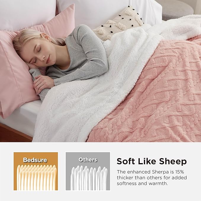 Bedsure Gentlesoft Sherpa Fleece Throw Blanket for Couch - Fluffy & Cozy Cable Jacquard Tufted Throw for Women Gift and Valentine Decor, Thick and Warm Blanket for Winter, Pink, 50x60 Inches