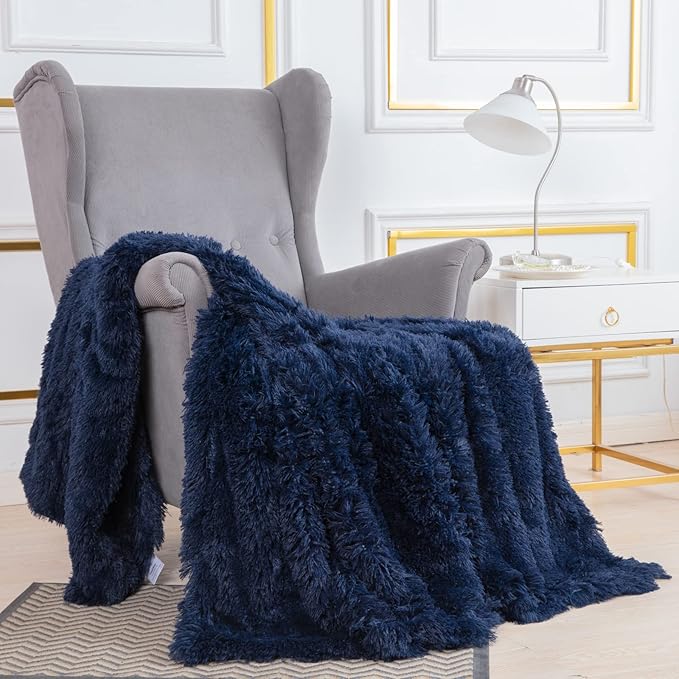 YUSOKI Long Faux Fur Throw Blanket for Sofa Couch,2 Layers,2.1lb,All Ages,Home Decoration, (Navy Blue,50" x 60")