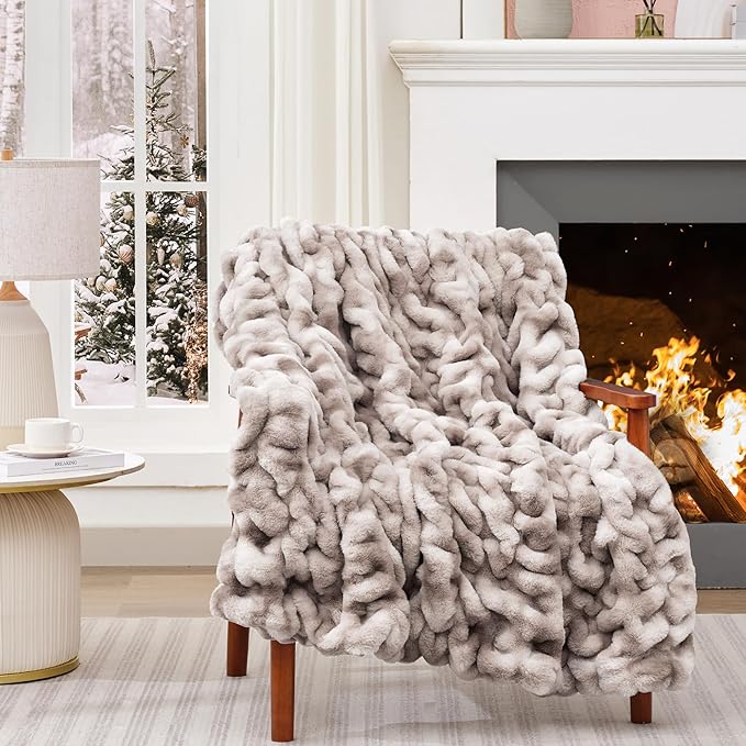 Touchat Ruched Faux Rabbit Fur Throw Blanket, 700 GSM Luxury Dual-Sided Soft Cozy Blanket, Fuzzy Fluffy Plush Blanket for Bed, Couch and Sofa - 50"x60", Tie-dye Coffee