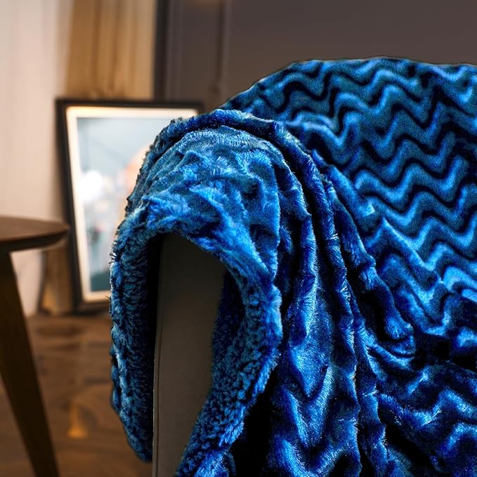 Whale Flotilla Faux Fur Sherpa Throw Blanket for Couch Sofa, Cozy Reversible Fuzzy Fluffy Plush Throws for All Season, Warm and Soft, 50x60 Inch, Royal Blue