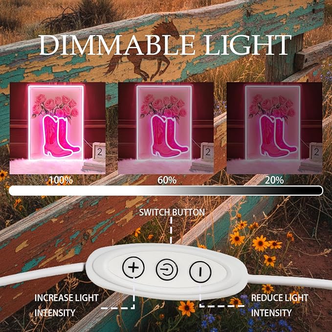 Cowgirl Boot with Flowers Neon Sign for Wall Art Decor, Dimmable Pink White LED Western Wall Light for Home, Bedroom, Game Room, Bar, Party, Birthday Gift for Cowgirls, 16.5 x 12.5 Inch