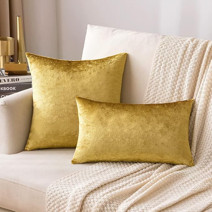 MIULEE Velvet Throw Pillow Covers 20x20 Inch, Pack of 2 - Golden, Super Soft Decorative Square Cushion Cases Modern Luxury Home Decor for Sofa, Couch, Bed, Bedroom Livingroom