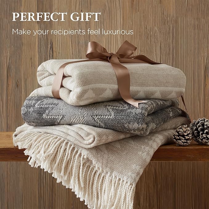 Woolrich Cotton Blend Jacquard Throw with Fringe Edge, Lightweight All-Season Decorative Throw Blanket, Machine Washable, Oeko-TEX Certified, Ivory Stripe, 50"x60"