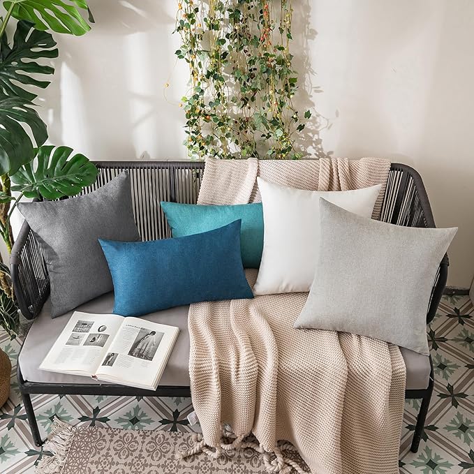 MIULEE Pack of 2 Decorative Outdoor Solid Waterproof Throw Pillow Covers Euro Sham Faux Linen Garden Farmhouse Cushion Cases for Patio Tent Balcony Couch Sofa 22x22 Inch Light Grey