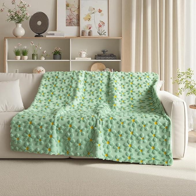 Horaldaily Spring Summer Throw Blanket, Green Daisy Soft Fuzzy Plush Faux Fur Cozy Blankets for Couch Sofa Bed Lounging, Ideal Gifts for Kids Adults Wife Self, 60x80