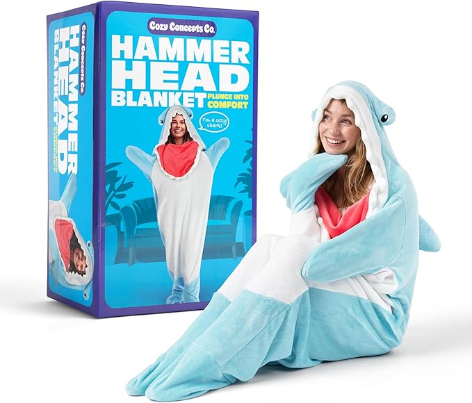 Cozy Concepts Co. Hammerhead Shark Blanket by Relatable, Wearable Blanket with Sleeve, Fun Easter Basket Stuffers, Room Decor or Easter Gifts, Comfortable Oversized 65" Throw Blanket