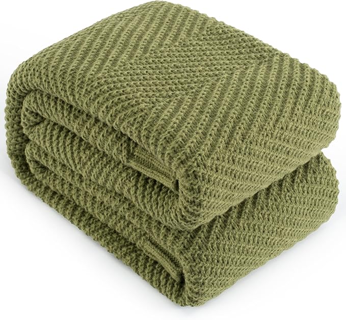 Knitted Throw Blanket 50"X60", Olive Green Knit Throws for Bed, Super Soft Boho Chevron Blankets for Couch Sofa Chair Room Decor, Textured Decorative Farmhouse Cozy Lightweight