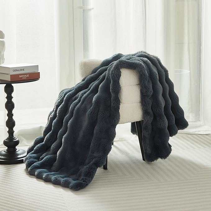 Faux Fur Throw Blanket for Couch Cozy Fuzzy Soft Plush Thick Fluffy Fleece Bubble Blanket for Sofa Bedroom Living Room, 51x63 Inches Dark Grey