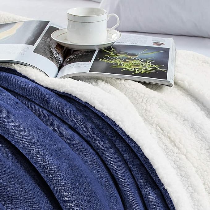 MOONLIGHT20015 Navy Sherpa Fleece Throw Blanket for Bed - Wholesale Bulk Pack of 16 Sherpa Blankets - Soft Fluffy Throw Blankets for Hotels, Guest Bedroom, 50x60 Inches