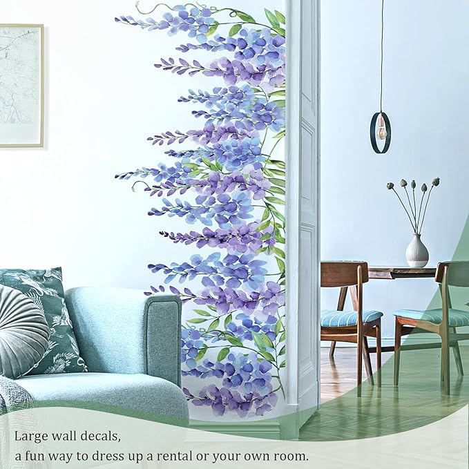 Purple Flowers Wall Decals Peel and Stick, Large Wisteria Floral Vinyl Wall Stickers, Removable Vine Home Decor Art for Bedroom Living Room Classroom Office