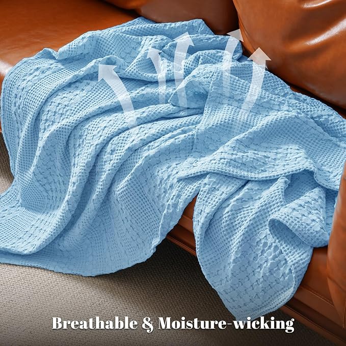 PHF 100% Cotton Waffle Weave Throw Blanket, Soft Lightweight Breathable Cozy Throws for Couch Bed Sofa, Luxury Aesthetic Blanket Gift for Home Decor & Office, 50"x60", Airy Blue