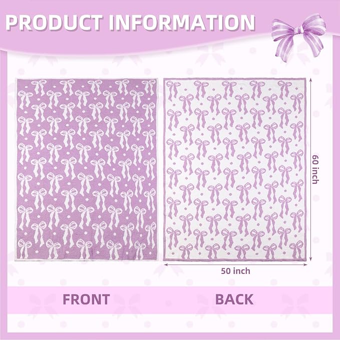 Buryeah Purple Bow Blanket Soft Microfiber Double Sided Bow Throw Blanket 50"x 60" Coquette Aesthetic Plush Bedding Stuff Sofa Chair Dormitory Room Decor for Women, Wedding Bridesmaid Gifts, Mother