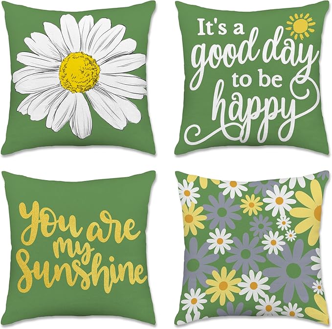 Hexagram Spring Summer Pillow Covers 18x18 Set of 4, Outdoor Floral Daisy Decorative Green Throw Pillow Covers, You are My Sunshine Farmhouse Cushion Case for Couch Sofa Indoor Home Decor(No Insert)