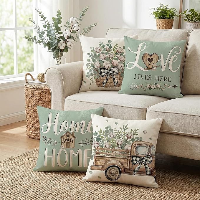 ONFAON Spring Pillow Covers 18x18, Farmhouse Eucalyptus Leaves Throw Pillow Covers Truck Home Sweet Home Cushion Case Decorations Set of 4