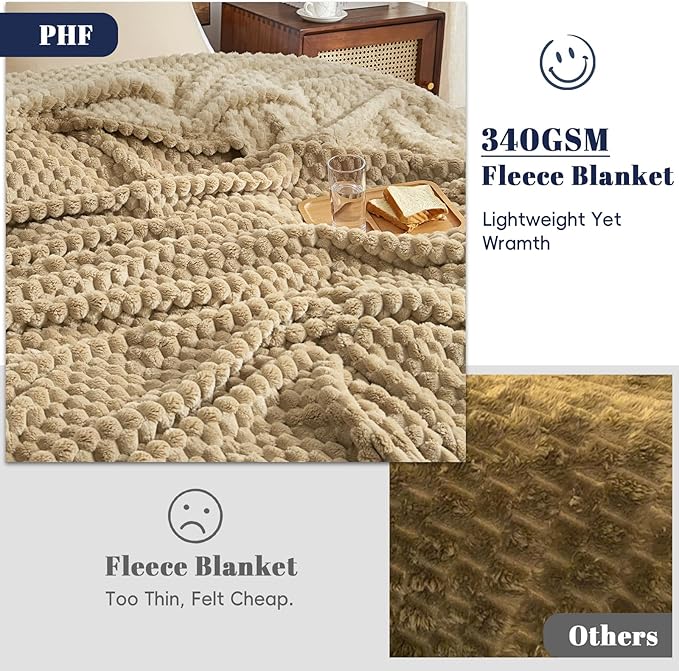 PHF Ultra Soft Flannel Fleece Blanket Twin Size, Lightweight 3D Jacquard Fleece Blanket, No Shedding, No Pilling, Luxury 340GSM Fluffy Cozy Bedding for Bed Room Decor, 66"x90", Khaki