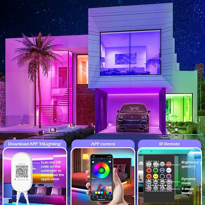 LETIANPAI Led Strip Lights, 82ft/25m Long Smart Light Strips Music Sync 5050 RGB Color Changing Rope Lights,Bluetooth APP/IR Remote/Switch Box Control Lights for Bedroom, (Red, Green, Blue)