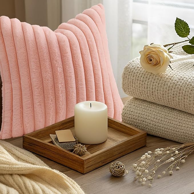 decorUhome Summer Cozy Faux Fur Throw Pillow Covers 24x24 Set of 2 Decorative Plush Striped Modern Farmhouse Boho Couch Euro Sham Pillow Cases with Velvet Back for Sofa Bed Living Room, Blush Pink