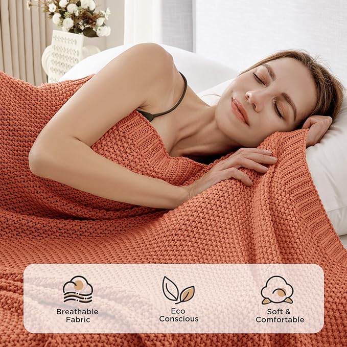 Joydeco Chunky Cable Knit Throw Blanket, Lightweight 100% Cotton Soft Cozy Throw Twin Blanket for Couch Bed and Sofa, Rustic Breathable Farmhouse Blanket Gift for Women Men(Burnt Orange, 51"x63")