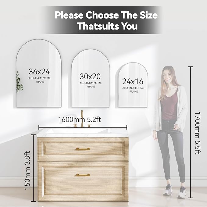 24x36 Arch Mirror Square Full Length Wall Mounted Hanging or Against Wall Metal Aluminum Alloy Frame Dressing Make-up Mirrors for Entryway Bedroom Bathroom Living Room 24 36 inch Silver