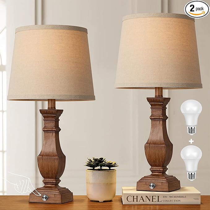 ROTTOGOON Dimmable Table Lamps Set of 2, Rustic Farmhouse Table Lamps for Living Room Bedroom, Bedside Desk Lamps for end Tables, Touch Lamps for nightstand, 9W Bulbs Included, 22", Brown