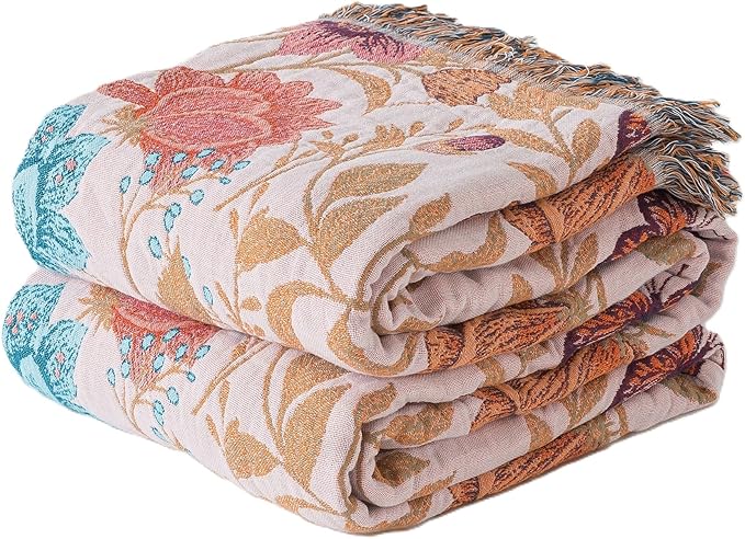 Boho Throw Blanket Throw Size, Soft Cozy Cotton Muslin Quilt Blanket for Bed Decor, Floral Patterned Couch Sofa Chair Cover, Vintage Farmhouse Cottage Tapestry Woven Blanket, Coral&Green
