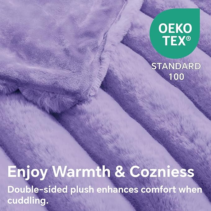 BEDELITE Faux Fur Throw Blanket for Couch, Soft and Cozy Luxurious 3D Striped Purple Fluffy Blanket, 770GSM Thick Warm Plush Fuzzy Faux Rabbit Fur Blanket for Women Gift (Lavender, 50"x 60")