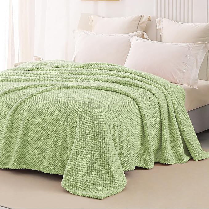 Whale Flotilla Queen Size Fuzzy Fleece Blanket for Bed, 90x90 Inch Fluffy Warm Soft Jacquard Blankets for All Season, Lightweight and Cozy, Sage Green