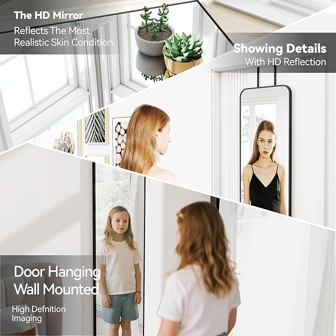 47x14 Mirror Rectangle Full Body Length Door Hanging Wall Mounted Metal Aluminum Alloy Frame Dressing Make-up Mirrors for Entryway Bedroom Bathroom Living Room 47 14 inch Black
