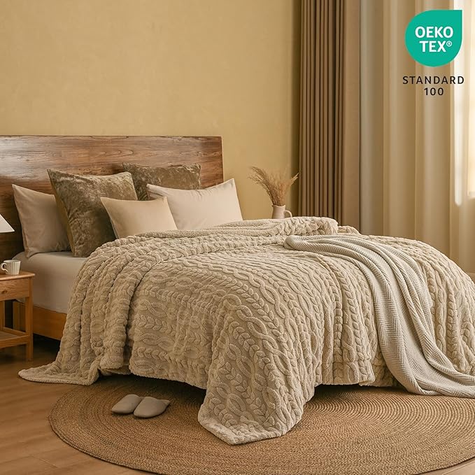 PHF Ultra Soft Sherpa Fleece Blanket King Size 108" x 90", 510GSM Fleece Lightweight Yet Warm Blanket for Winter Bed, No Shedding, No Pilling, Tufted Jacquard for Luxury Home Decor, Khaki