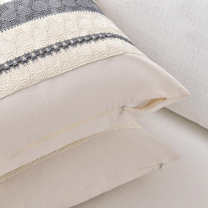 Fancy Homi Set of 2 Neutral Grey Farmhouse Decorative Throw Pillow Covers 22x22 Inch for Couch Bed Chair Indoors, Vintage Country Rustic Retro Room Decor, Soft Thick Cotton Handmade Woven Cushion Case