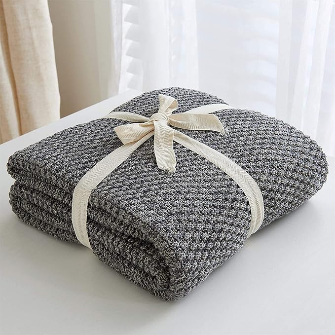 Longhui bedding Grey Knitted Throw Blanket for Couch, Soft, Cozy Machine Washable 100% Cotton Sofa Knit Blankets, Heavy 3.0lb Weight, 51 x 63 Inches, Gray and White Color,Laundry Bag Included