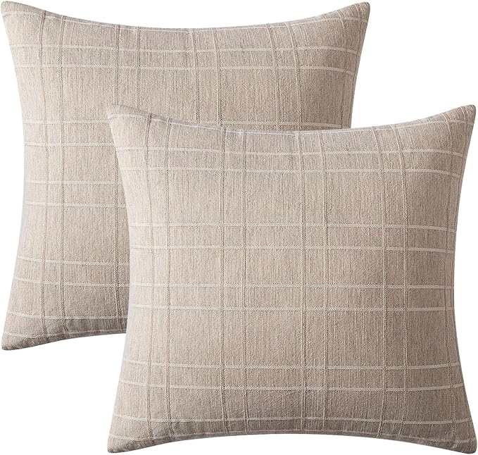 MIULEE Decorative Linen Check Throw Pillow Covers Neutral Farmhouse Vintage Pillow Covers 20x20 Set of 2 Boho Modern Home Decor for Sofa Couch Bedroom Cushion Natural Linen