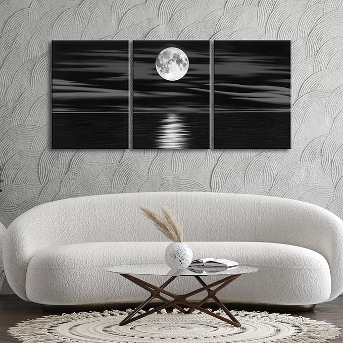Wieco Art 3 Panel Sea White Full Moon in Night Canvas Print Wall Art Black and White Ocean Beach for Living Room Bedroom Kitchen Home Decorations Modern Abstract Artwork