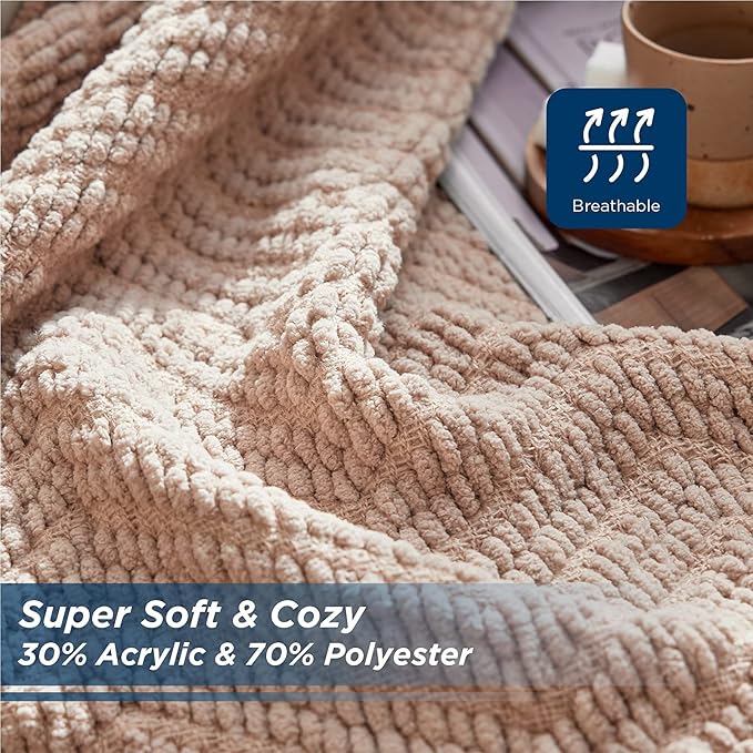 Bedsure Throw Blankets for Couch - Textured Chunky Knit Woven Chenille Blanket - Super Soft, Warm Decorative Boho Throw with Tassels for Bed, Sofa and Living Room Decor, Khaki, 60x80 Inches