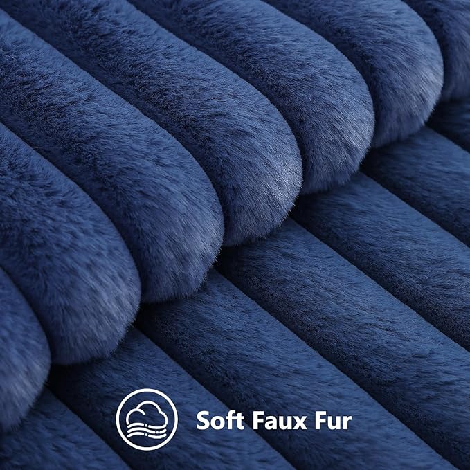 decorUhome Cozy Faux Fur Throw Pillow Covers 14x36 Set of 1 Decorative Soft Plush Striped Lumbar Modern Farmhouse Boho Couch Pillow Cases with Velvet Back for Sofa Bed Living Room, Navy Blue