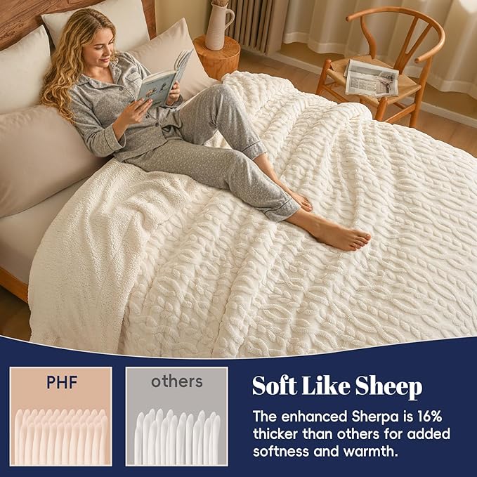 PHF Ultra Soft Sherpa Fleece Blanket Queen Size 90" x 90", 510GSM Fleece Lightweight Yet Warm Blanket for Winter Bed, No Shedding, No Pilling, Tufted Jacquard for Luxury Home Decor, Natural Cream