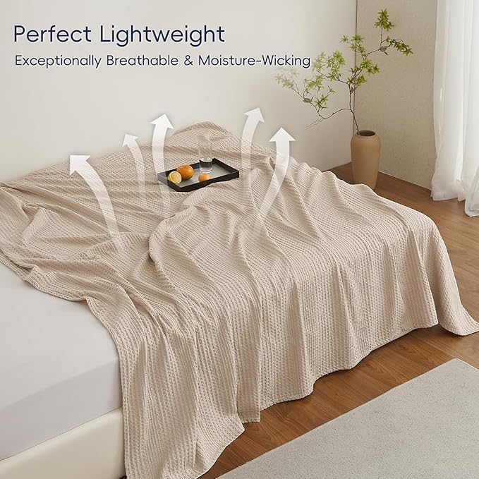 PHF Lightweight Waffle Weave Blanket Twin Size, Breathable & Ultra Soft, 66"x 90" Soft & Cozy Thin Blanket for All Season & Hot Sleepers, Bed, Home Decor - Light Tan