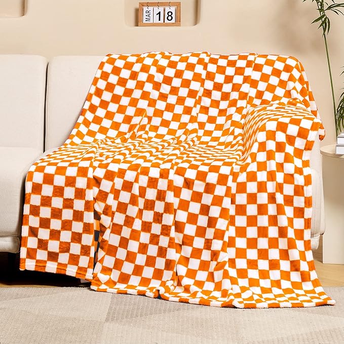 FY FIBER HOUSE Checkered Flannel Fleece Throw Blanket Soft Cozy Checkerboard Grid Print Chessboard Gingham Pattern Blankets for Bed Couch Sofa, 50"x60", Orange