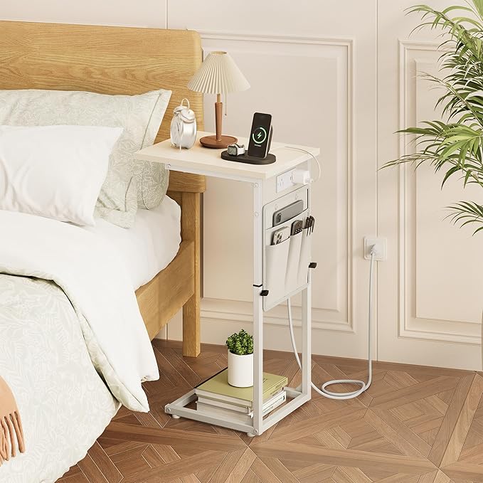 Vagusicc C Shaped End Table with Charging Station, Adjustable Height Side Table for Couch, Small Sofa Table C Table End Table, Slide Under Couch Table TV Tray Arm Table for Living Room, Bedroom, Cream
